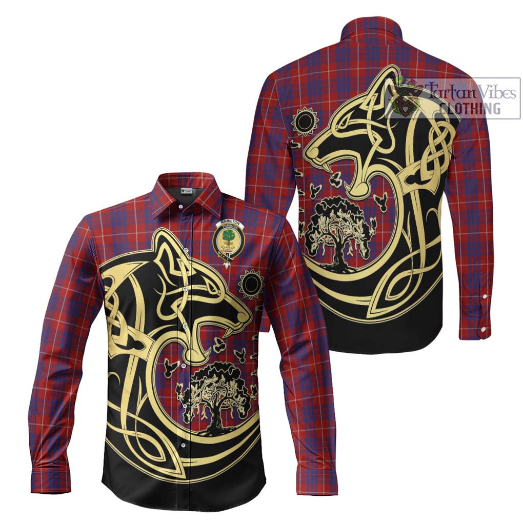 Hamilton Tartan Long Sleeve Button Shirt with Family Crest Celtic Wolf Style Men's Shirt S - Tartan Vibes Clothing