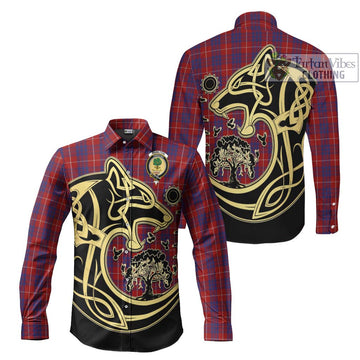 Hamilton Tartan Long Sleeve Button Shirt with Family Crest Celtic Wolf Style