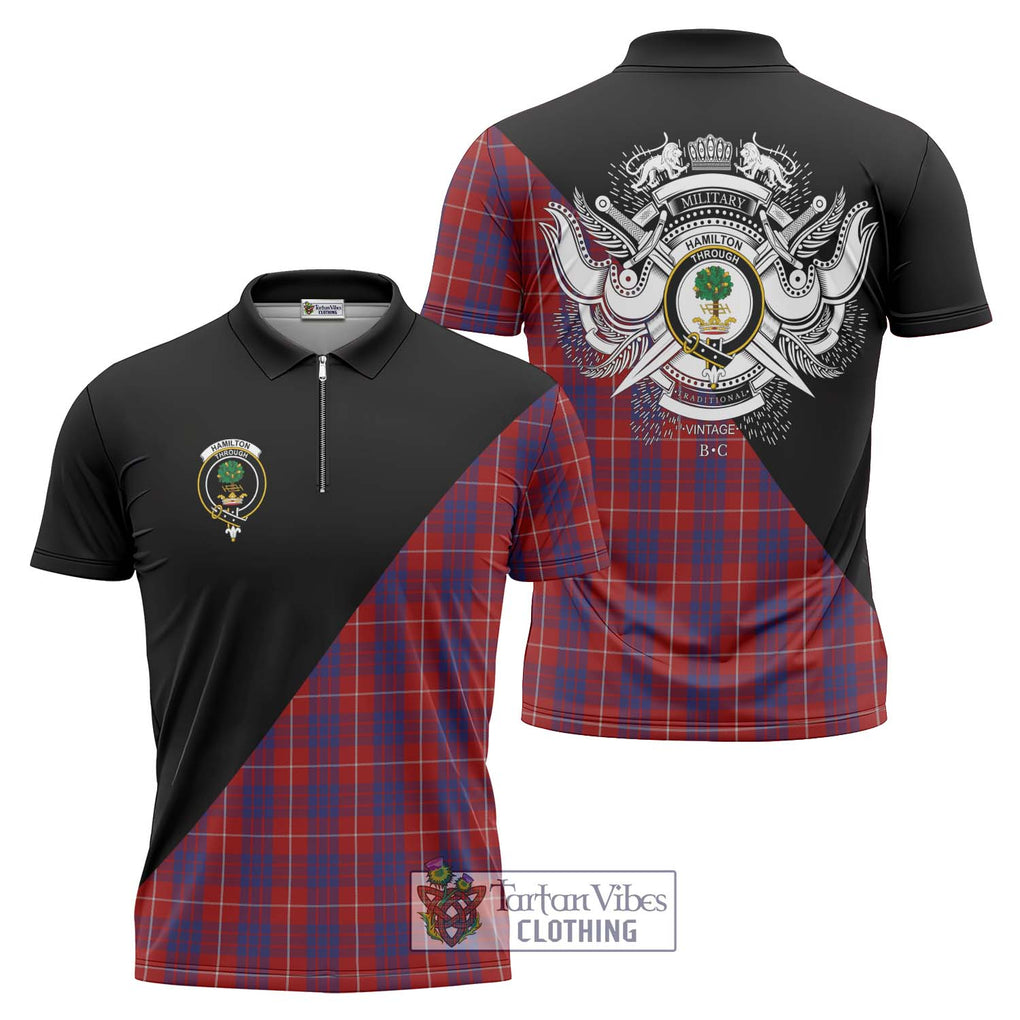 Hamilton Tartan Zipper Polo Shirt with Family Crest and Military Logo Style Unisex - Tartanvibesclothing Shop