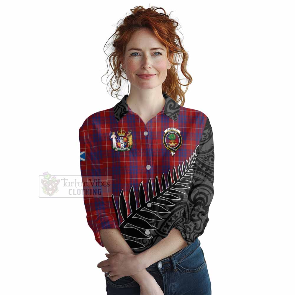 Tartan Vibes Clothing Hamilton Crest Tartan Women's Casual Shirt with New Zealand Silver Fern Half Style