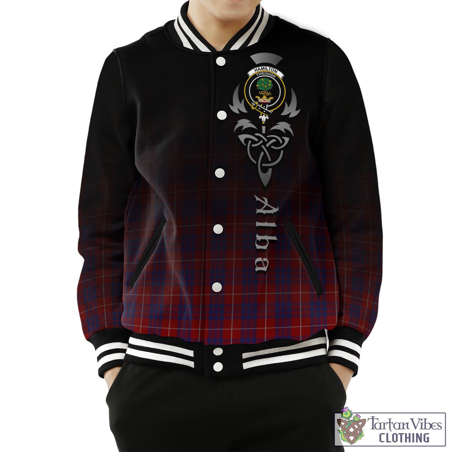 Tartan Vibes Clothing Hamilton Tartan Baseball Jacket Featuring Alba Gu Brath Family Crest Celtic Inspired