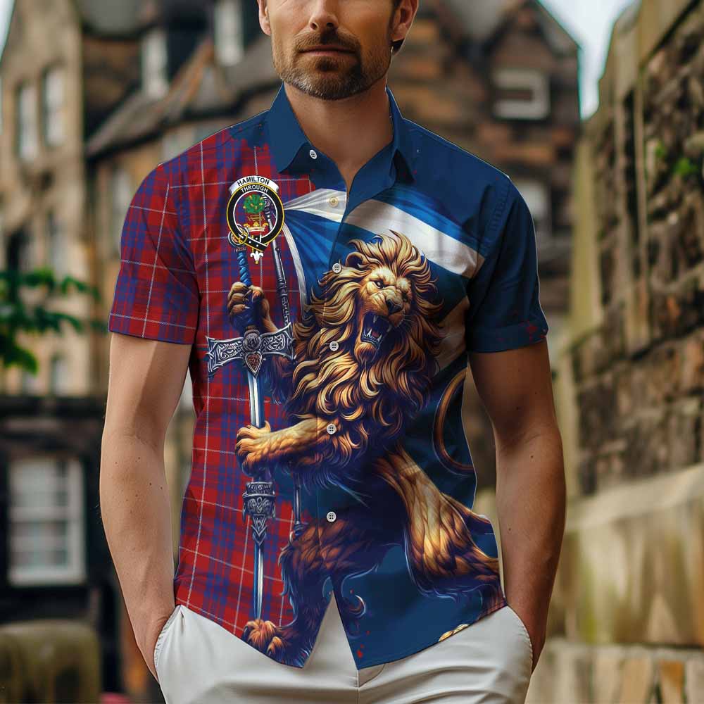 Tartan Vibes Clothing Hamilton Tartan Family Crest Short Sleeve Button Shirt with Scottish Majestic Lion