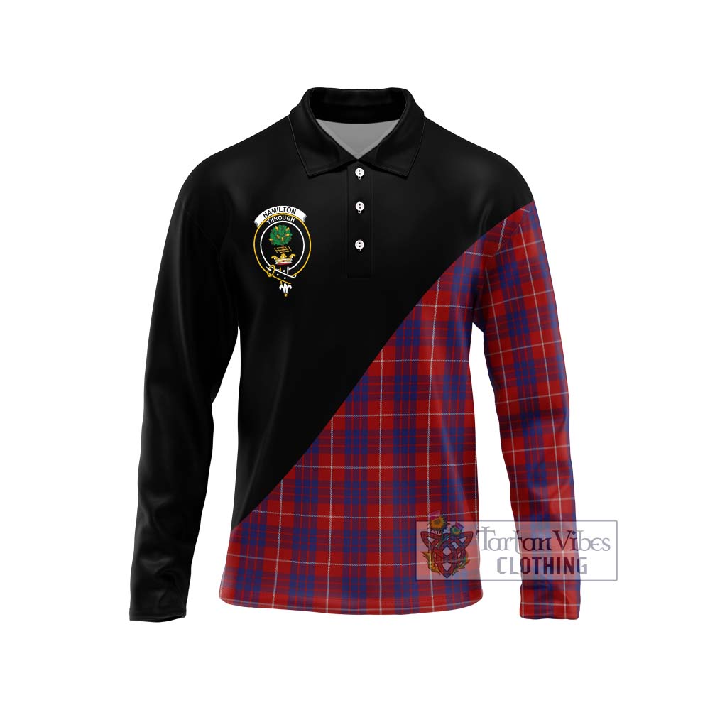 Hamilton Tartan Long Sleeve Polo Shirt with Family Crest and Military Logo Style Unisex - Tartanvibesclothing Shop