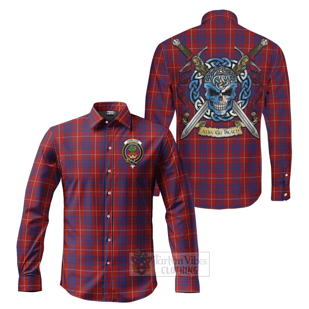 Tartan Vibes Clothing Hamilton Tartan Long Sleeve Button Shirt with Family Crest Celtic Skull Style