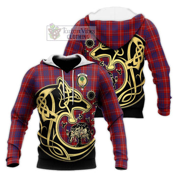 Hamilton Tartan Knitted Hoodie with Family Crest Celtic Wolf Style