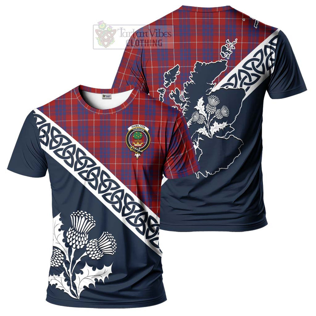 Hamilton Tartan T-Shirt Featuring Thistle and Scotland Map