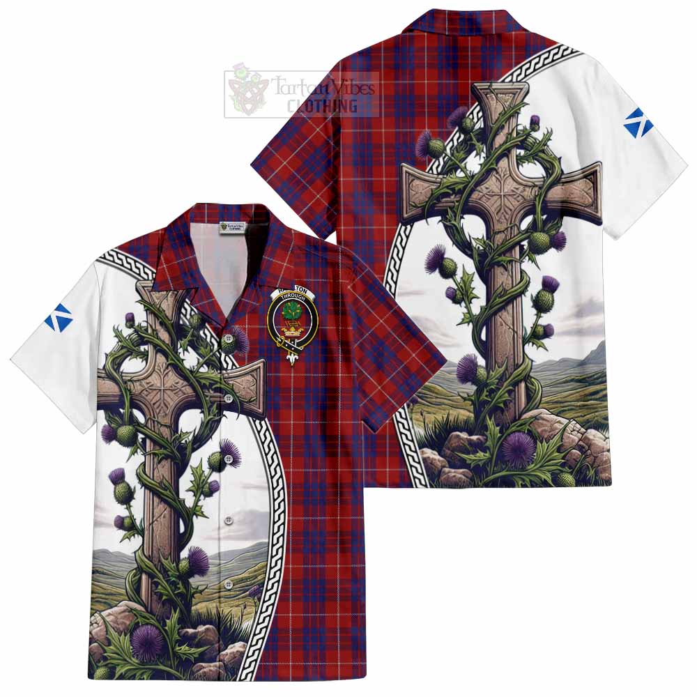 Tartan Vibes Clothing Hamilton Tartan Short Sleeve Button Shirt with Family Crest and St. Andrew's Cross Accented by Thistle Vines