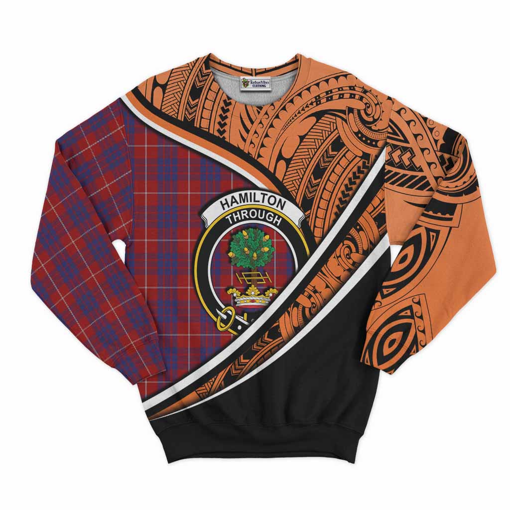 Tartan Vibes Clothing Hamilton Crest Tartan Sweatshirt with Maori Tattoo Style - Orange Version