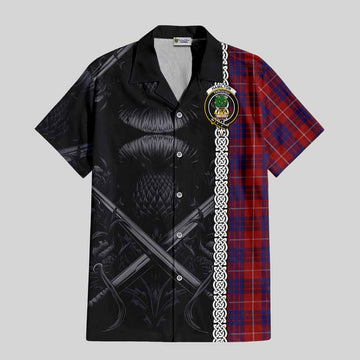 Hamilton Tartan Short Sleeve Button Shirt with Family Crest Cross Sword Thistle Celtic Vibes