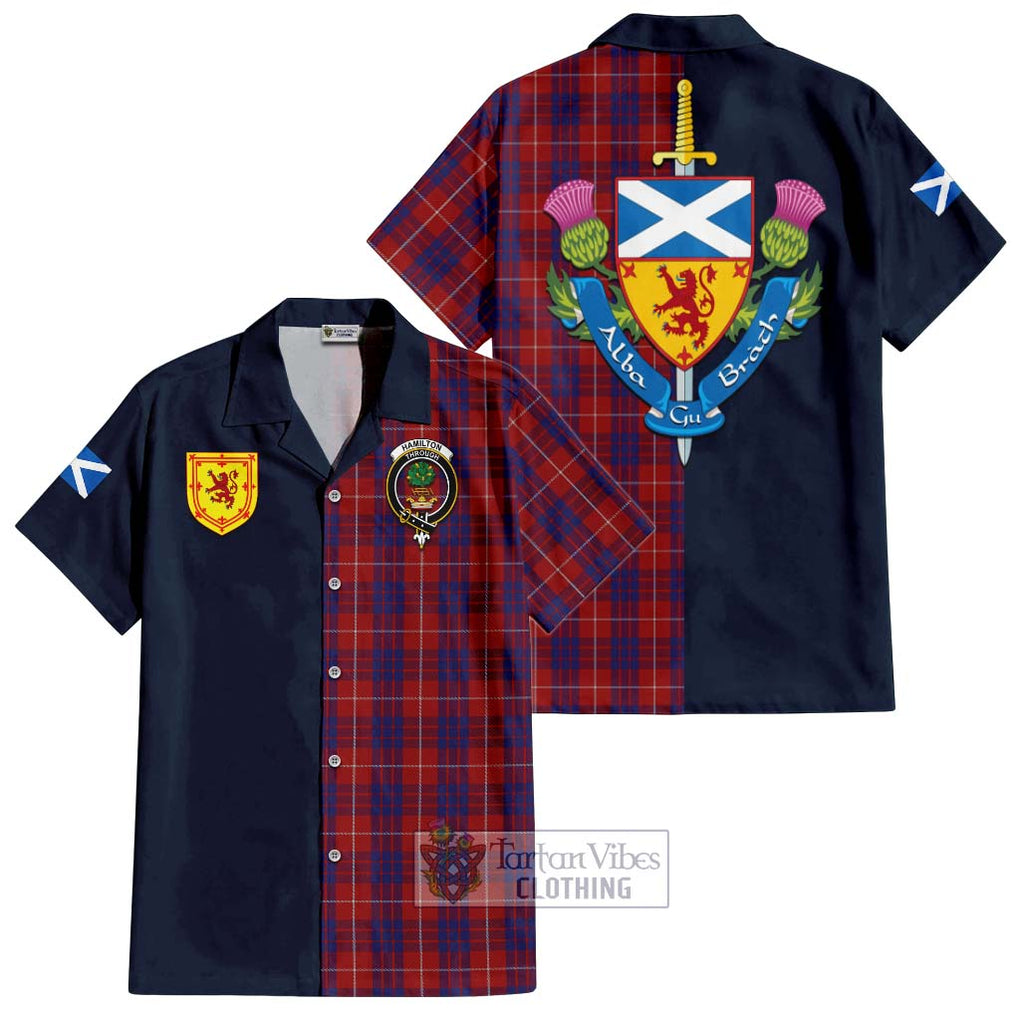 Tartan Vibes Clothing Hamilton Tartan Short Sleeve Button Shirt with Scottish Lion Royal Arm Half Style