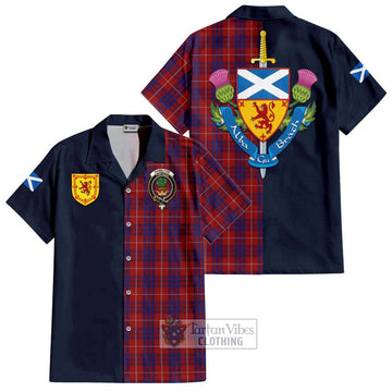 Hamilton Tartan Short Sleeve Button Shirt Alba with Scottish Lion Royal Arm Half Style