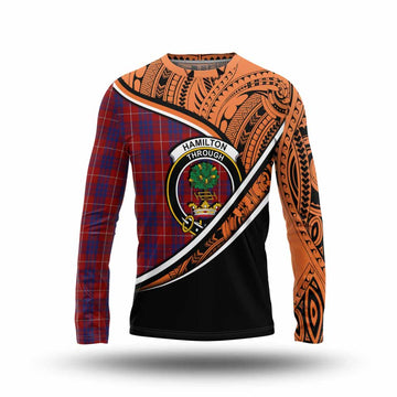 Hamilton Crest Tartan Long Sleeve T-Shirt with Polynesian Vibes Style - Orange Version