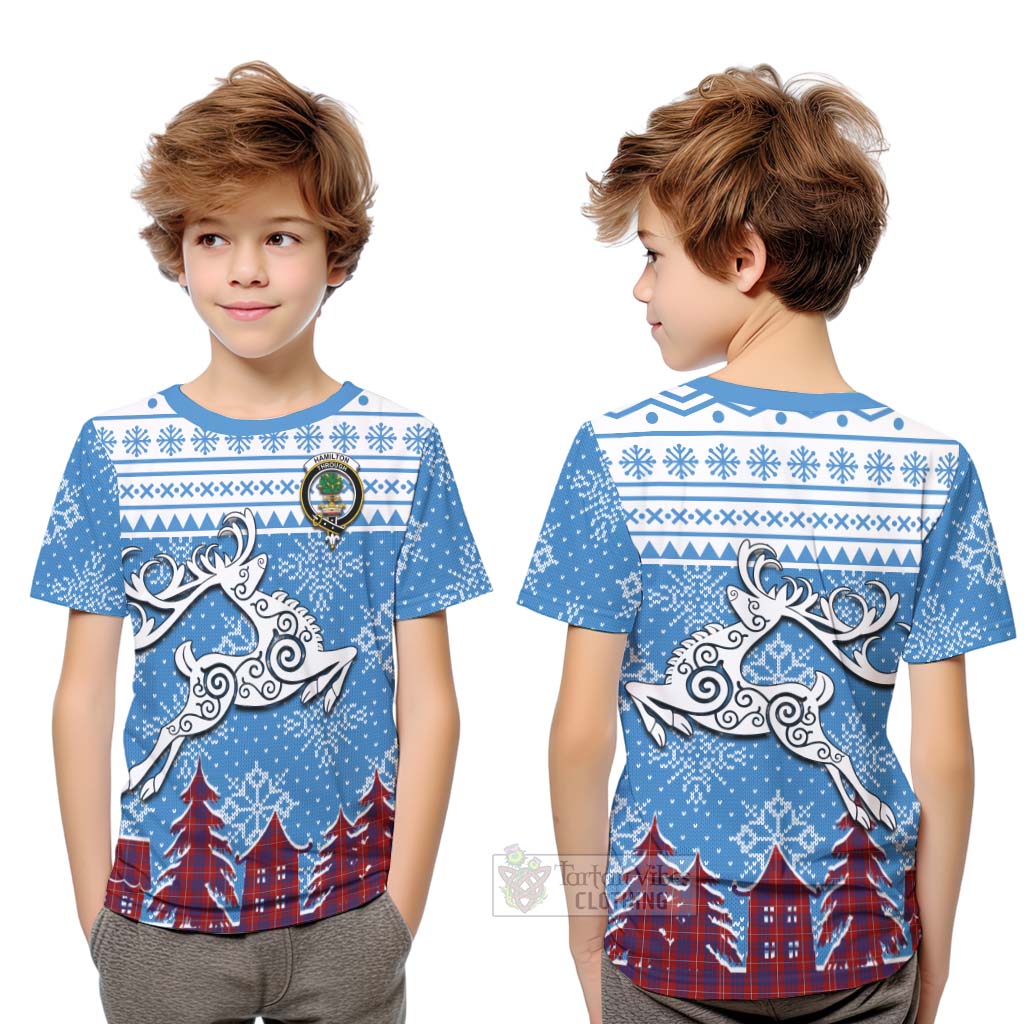 Tartan Vibes Clothing Hamilton Clan Christmas Kid T-Shirt Celtic Reindeer Style