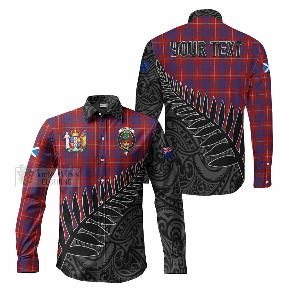 Tartan Vibes Clothing Hamilton Crest Tartan Long Sleeve Button Shirt with New Zealand Silver Fern Half Style