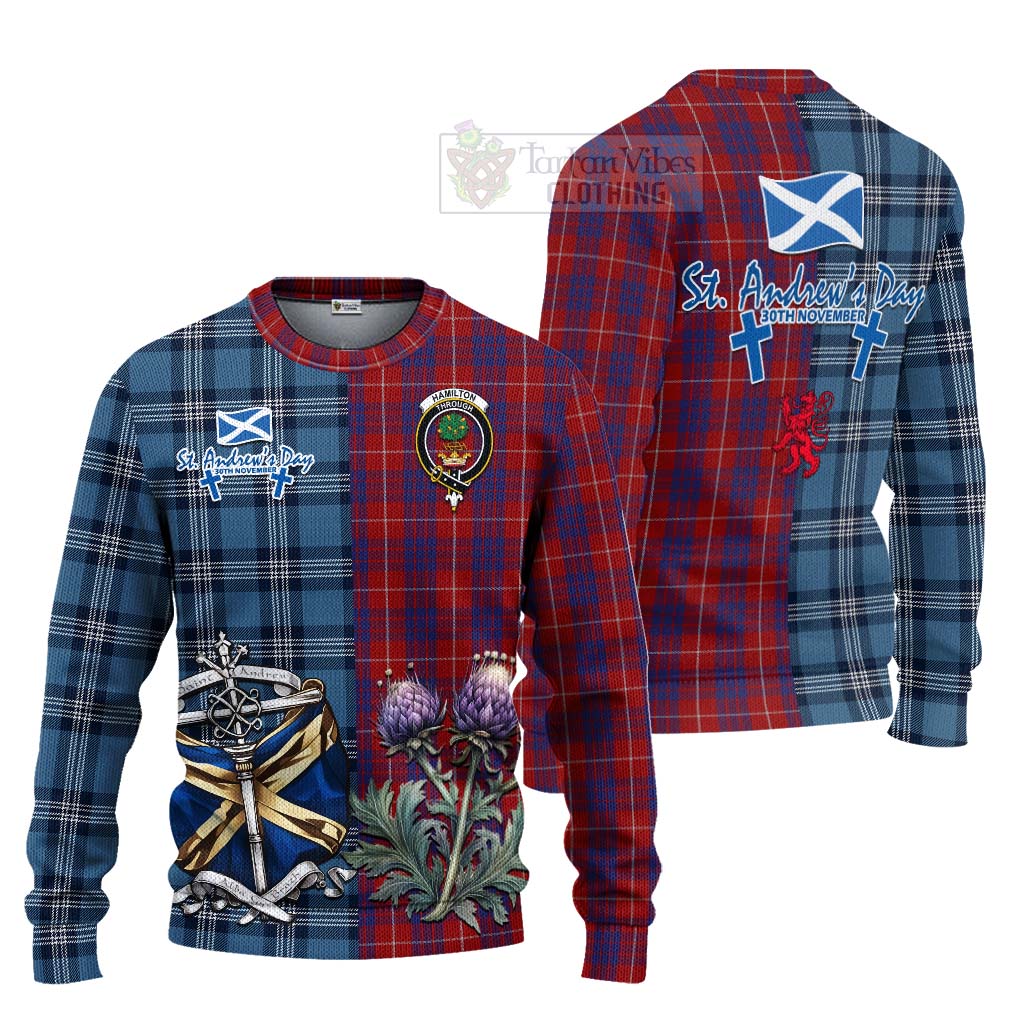 Tartan Vibes Clothing Hamilton Tartan Knitted Sweater Happy St. Andrew's Day Half Tartan Style