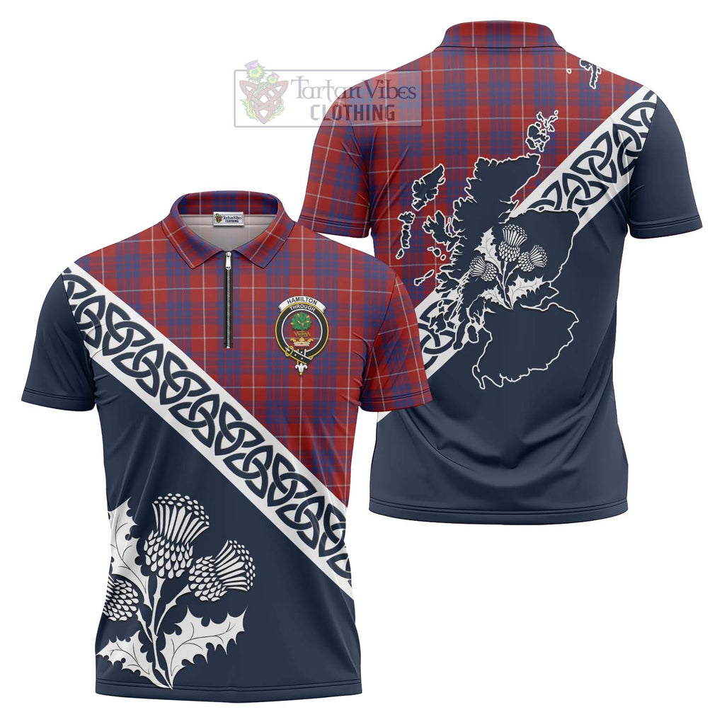 Tartan Vibes Clothing Hamilton Tartan Zipper Polo Shirt Featuring Thistle and Scotland Map