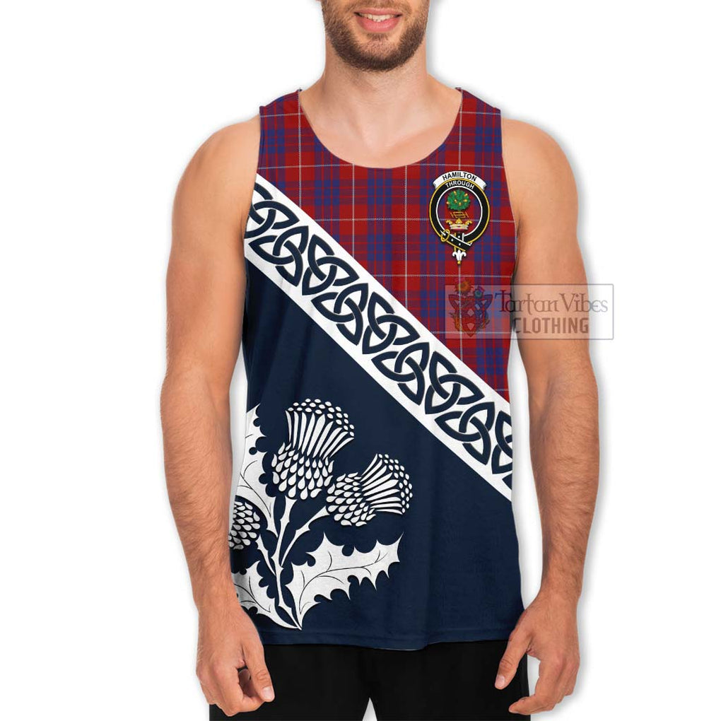 Tartan Vibes Clothing Hamilton Tartan Men's Tank Top Featuring Thistle and Scotland Map