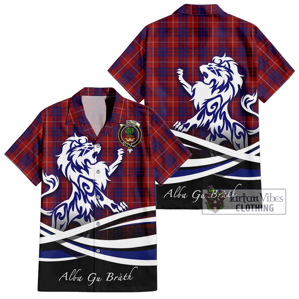 Hamilton Tartan Short Sleeve Button Shirt with Alba Gu Brath Regal Lion Emblem Kid - Tartanvibesclothing Shop