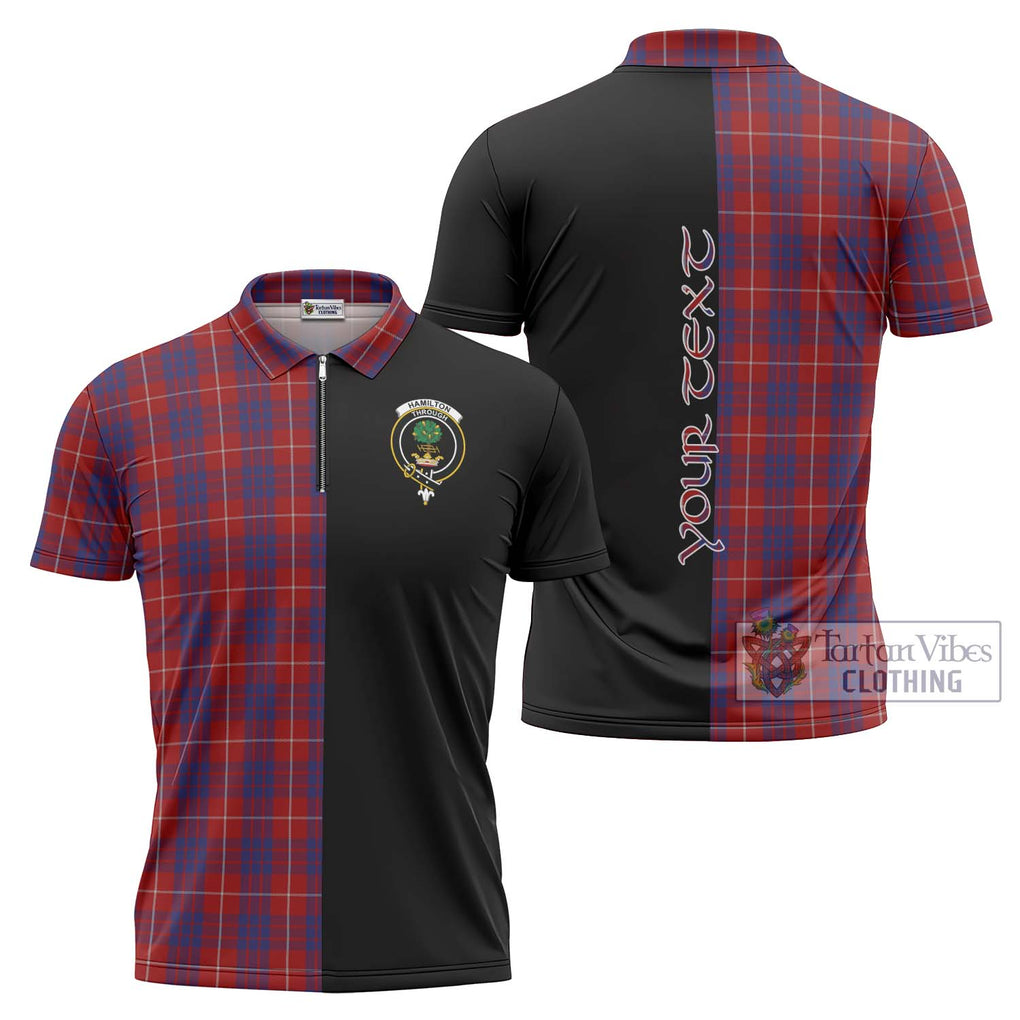 Hamilton Tartan Zipper Polo Shirt with Family Crest and Half Of Me Style Unisex - Tartanvibesclothing Shop