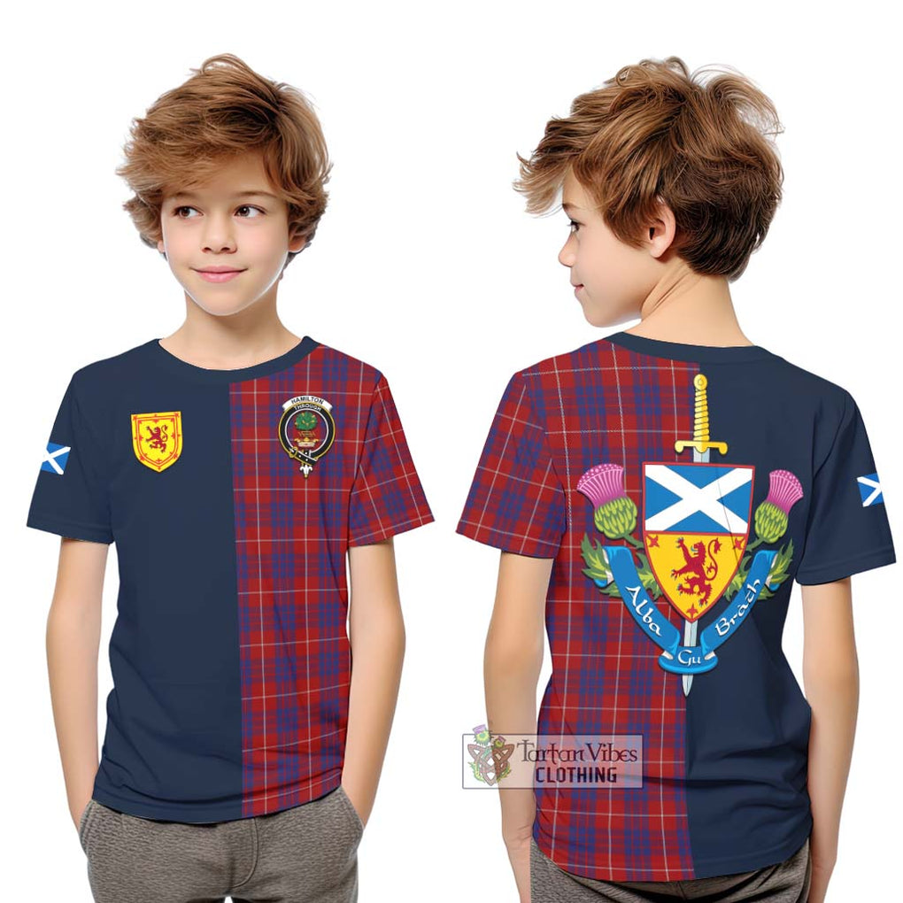 Tartan Vibes Clothing Hamilton Tartan Kid T-Shirt with Scottish Lion Royal Arm Half Style