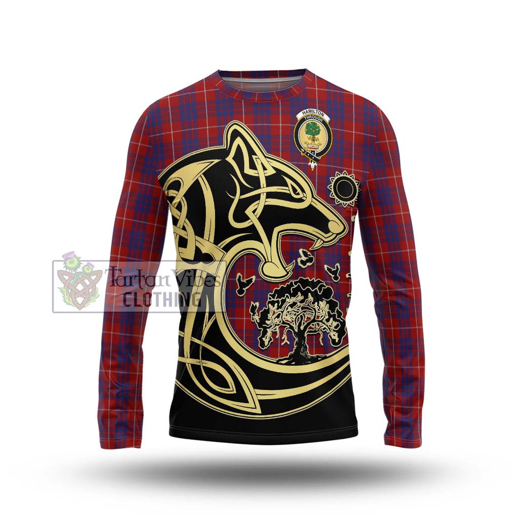 Hamilton Tartan Long Sleeve T-Shirt with Family Crest Celtic Wolf Style Unisex - Tartan Vibes Clothing