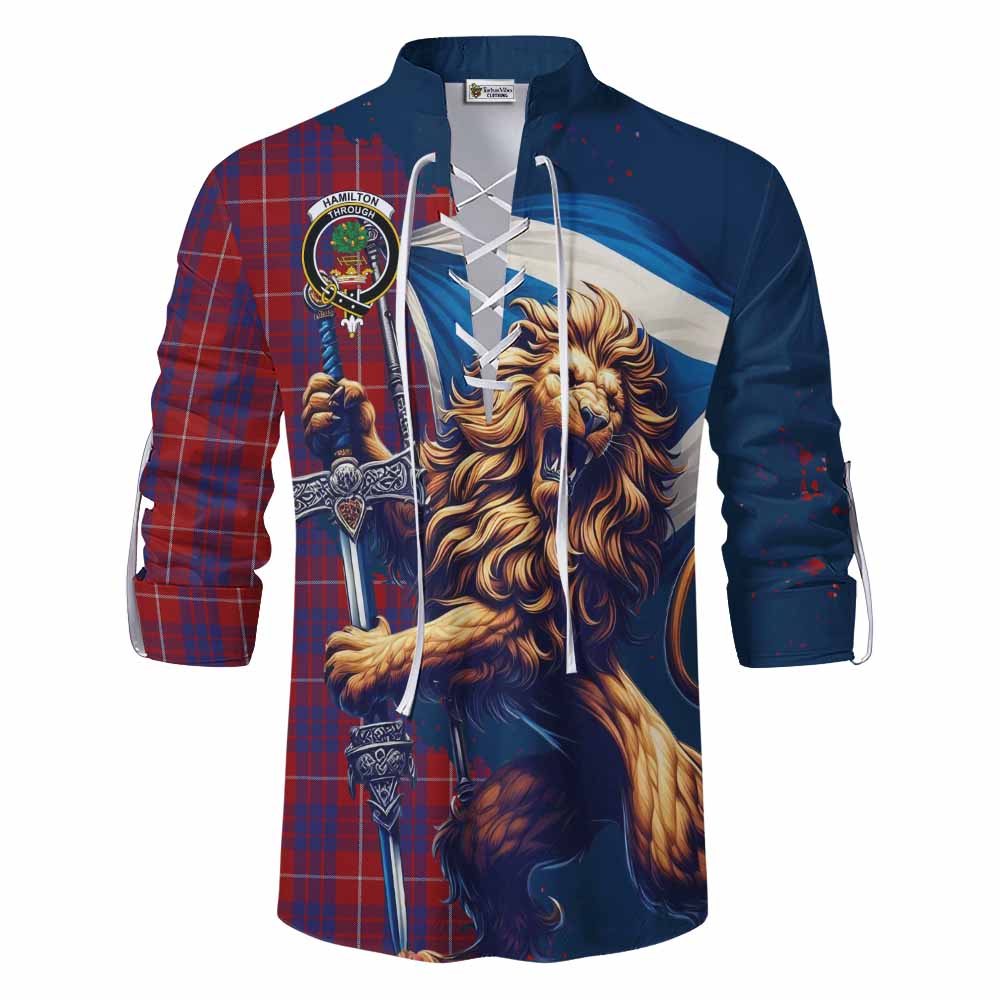 Tartan Vibes Clothing Hamilton Tartan Family Crest Ghillie Kilt Shirt with Scottish Majestic Lion