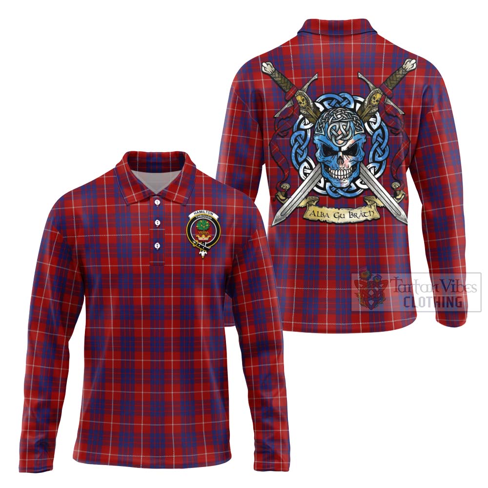 Tartan Vibes Clothing Hamilton Tartan Long Sleeve Polo Shirt with Family Crest Celtic Skull Style