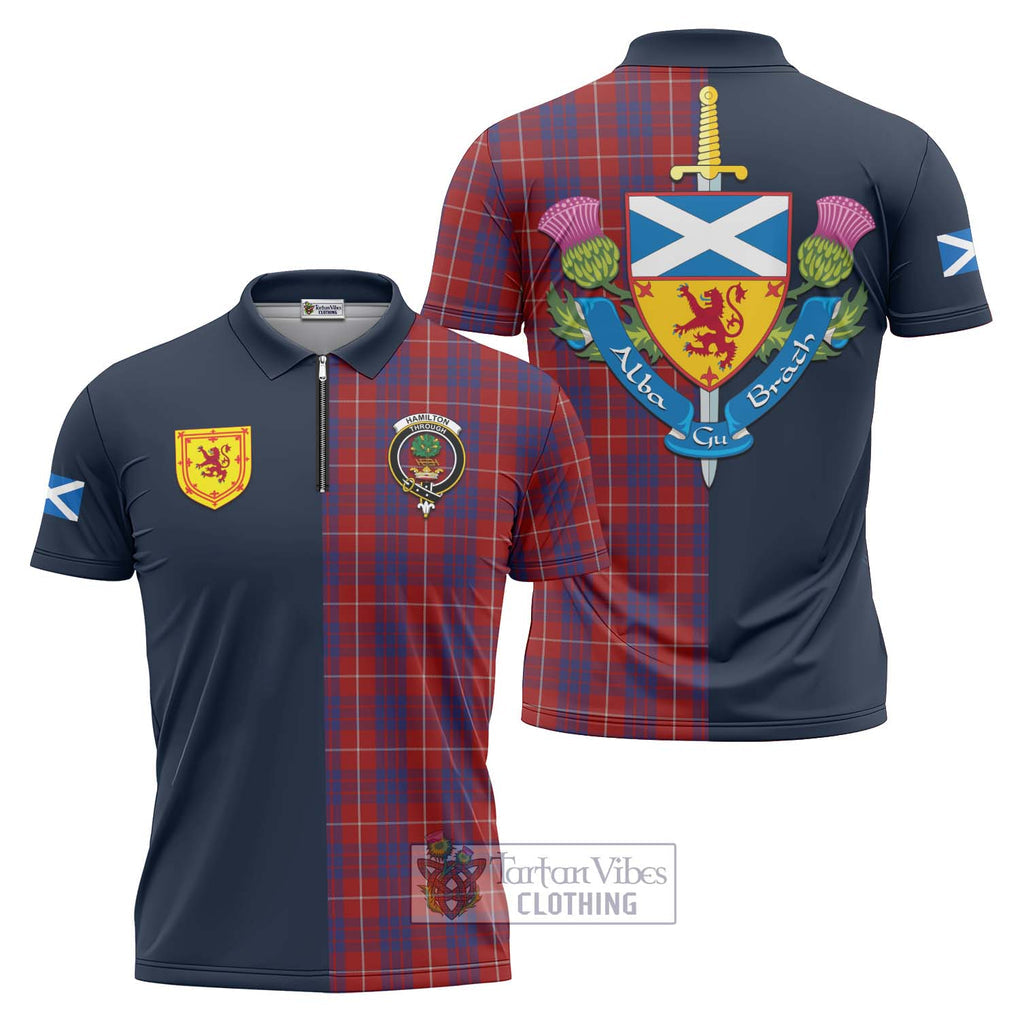 Tartan Vibes Clothing Hamilton Tartan Zipper Polo Shirt with Scottish Lion Royal Arm Half Style