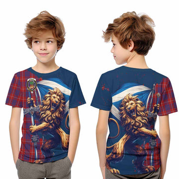 Hamilton Tartan Family Crest Kid T-Shirt with Scottish Majestic Lion