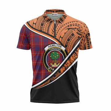 Hamilton Crest Tartan Zipper Polo Shirt with Polynesian Vibes Style - Orange Version