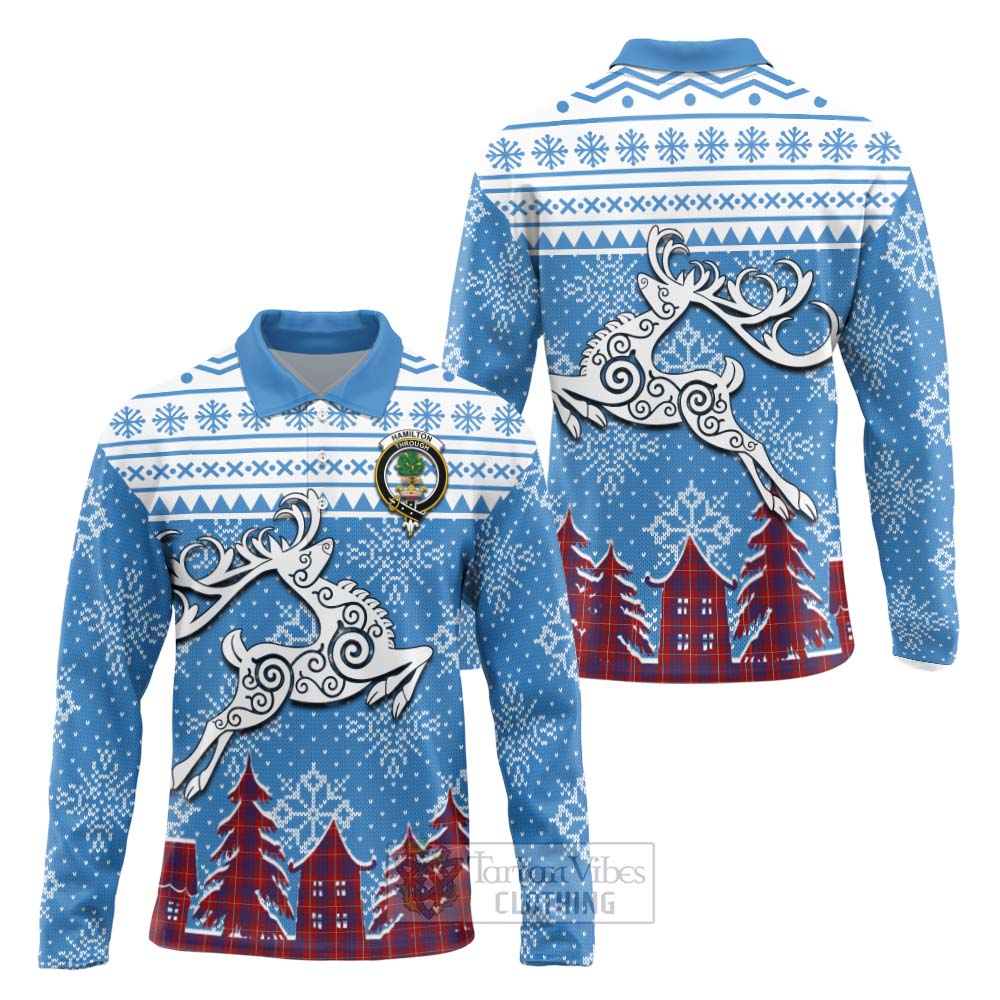 Tartan Vibes Clothing Hamilton Clan Christmas Long Sleeve Polo Shirt Celtic Reindeer Style