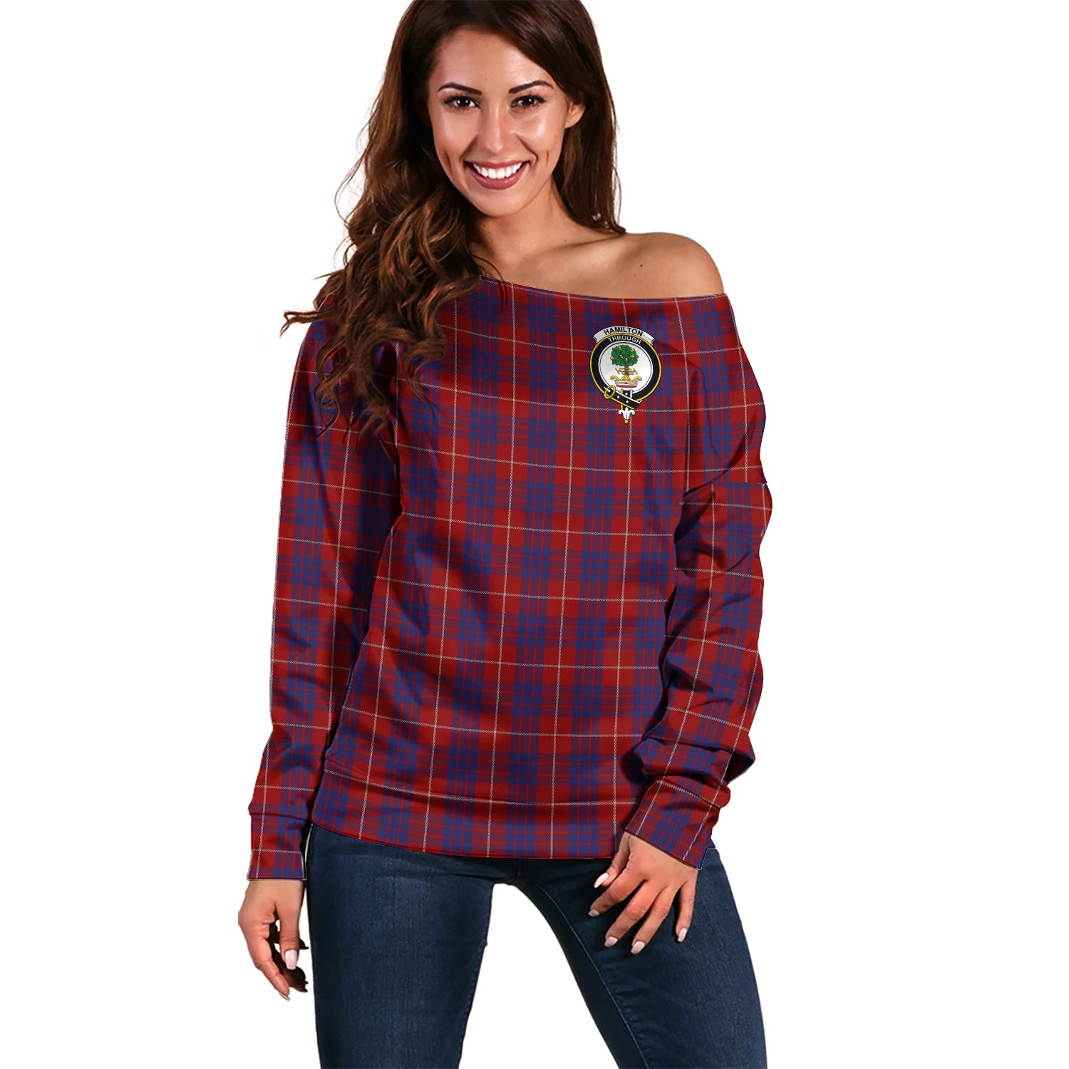 Hamilton Tartan Off Shoulder Women Sweater with Family Crest Women - Tartanvibesclothing