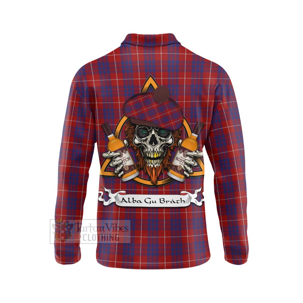 Tartan Vibes Clothing Hamilton Tartan Long Sleeve Polo Shirt with Family Crest and Bearded Skull Holding Bottles of Whiskey