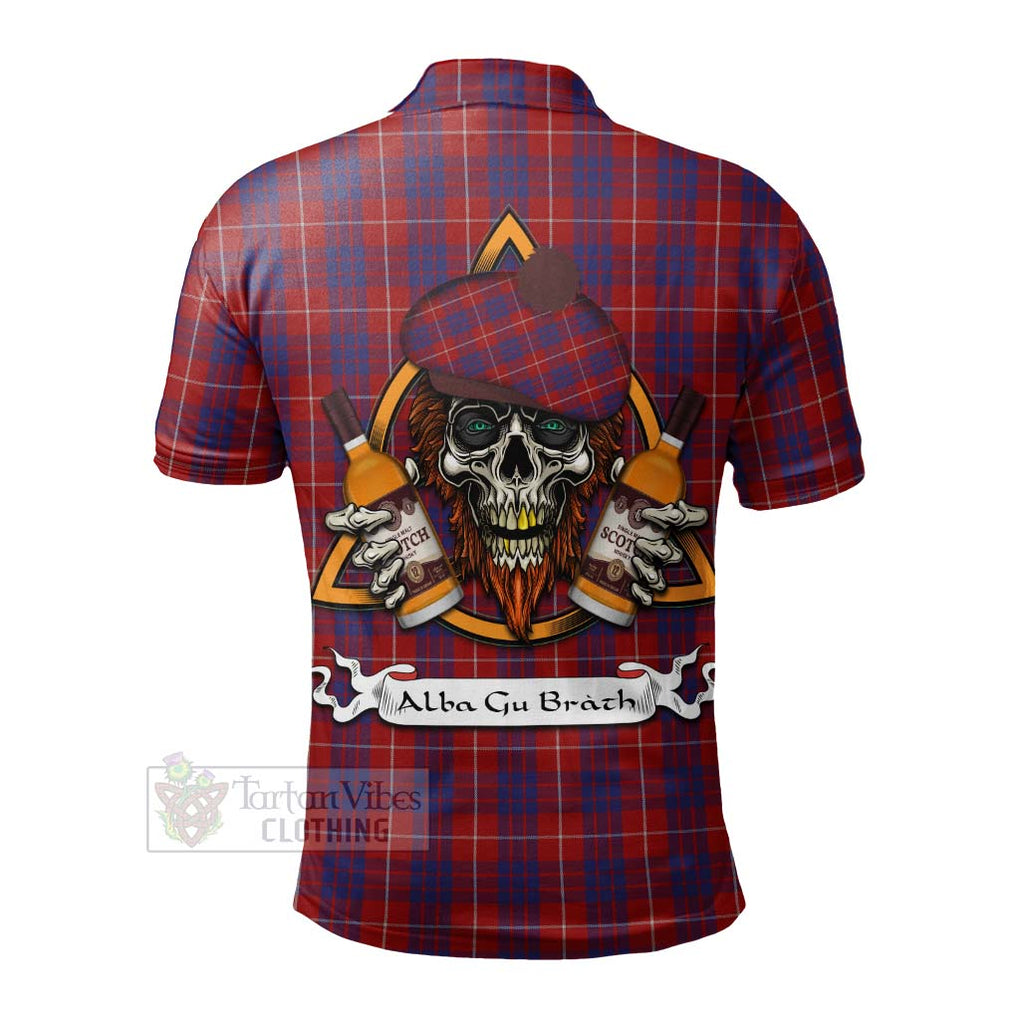 Tartan Vibes Clothing Hamilton Tartan Polo Shirt with Family Crest and Bearded Skull Holding Bottles of Whiskey