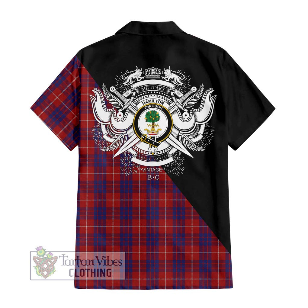 Hamilton Tartan Short Sleeve Button Shirt with Family Crest and Military Logo Style - Tartanvibesclothing Shop