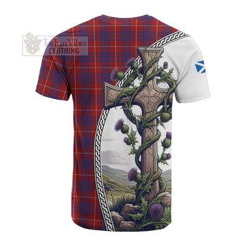 Hamilton Tartan Cotton T-shirt with Family Crest and St. Andrew's Cross Accented by Thistle Vines