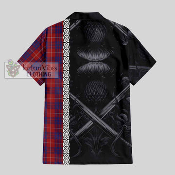 Hamilton Tartan Short Sleeve Button Shirt with Family Crest Cross Sword Thistle Celtic Vibes