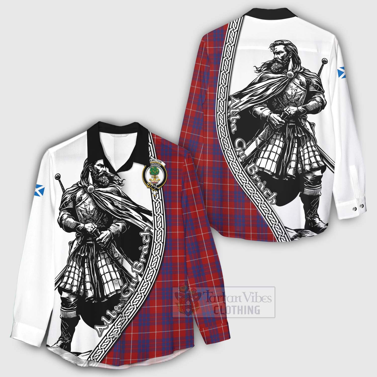 Tartan Vibes Clothing Hamilton Tartan Clan Crest Women's Casual Shirt with Highlander Warrior Celtic Style