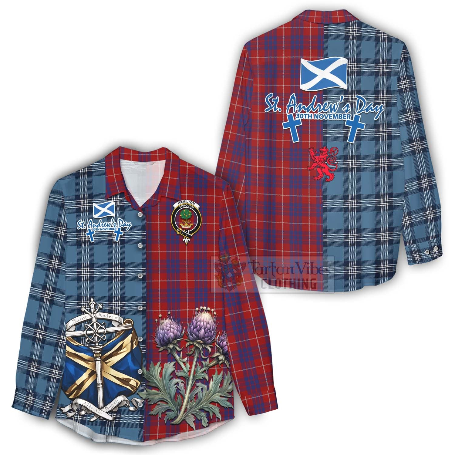 Tartan Vibes Clothing Hamilton Tartan Women's Casual Shirt Happy St. Andrew's Day Half Tartan Style