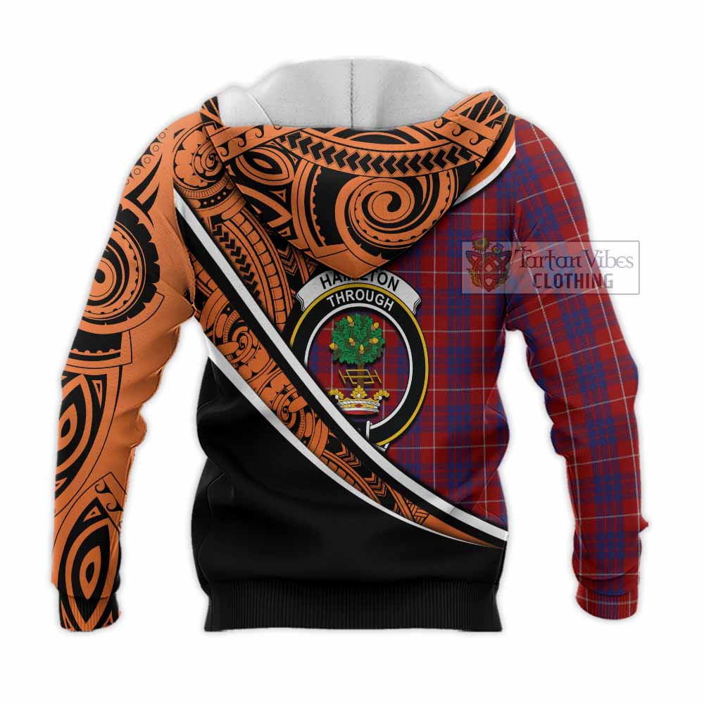 Tartan Vibes Clothing Hamilton Crest Tartan Knitted Hoodie with Maori Tattoo Style - Orange Version