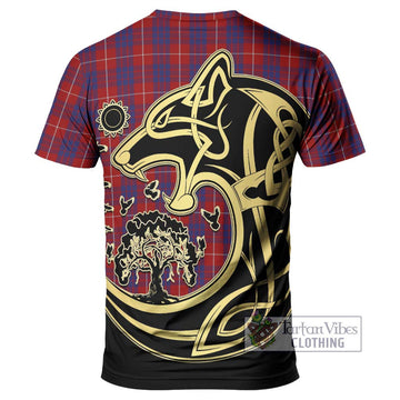 Hamilton Tartan T-Shirt with Family Crest Celtic Wolf Style