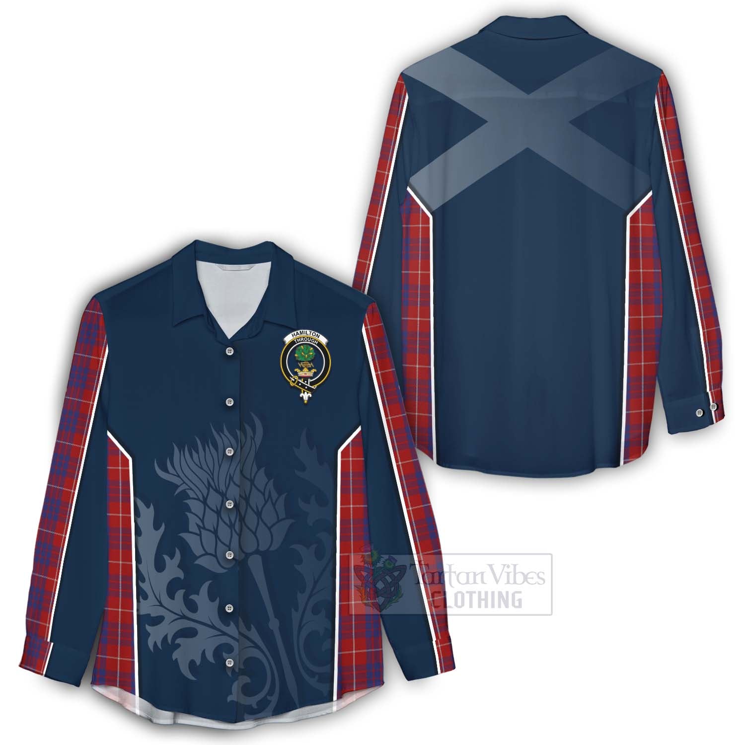 Tartan Vibes Clothing Hamilton Tartan Women's Casual Shirt with Family Crest and Scottish Thistle Vibes Sport Style