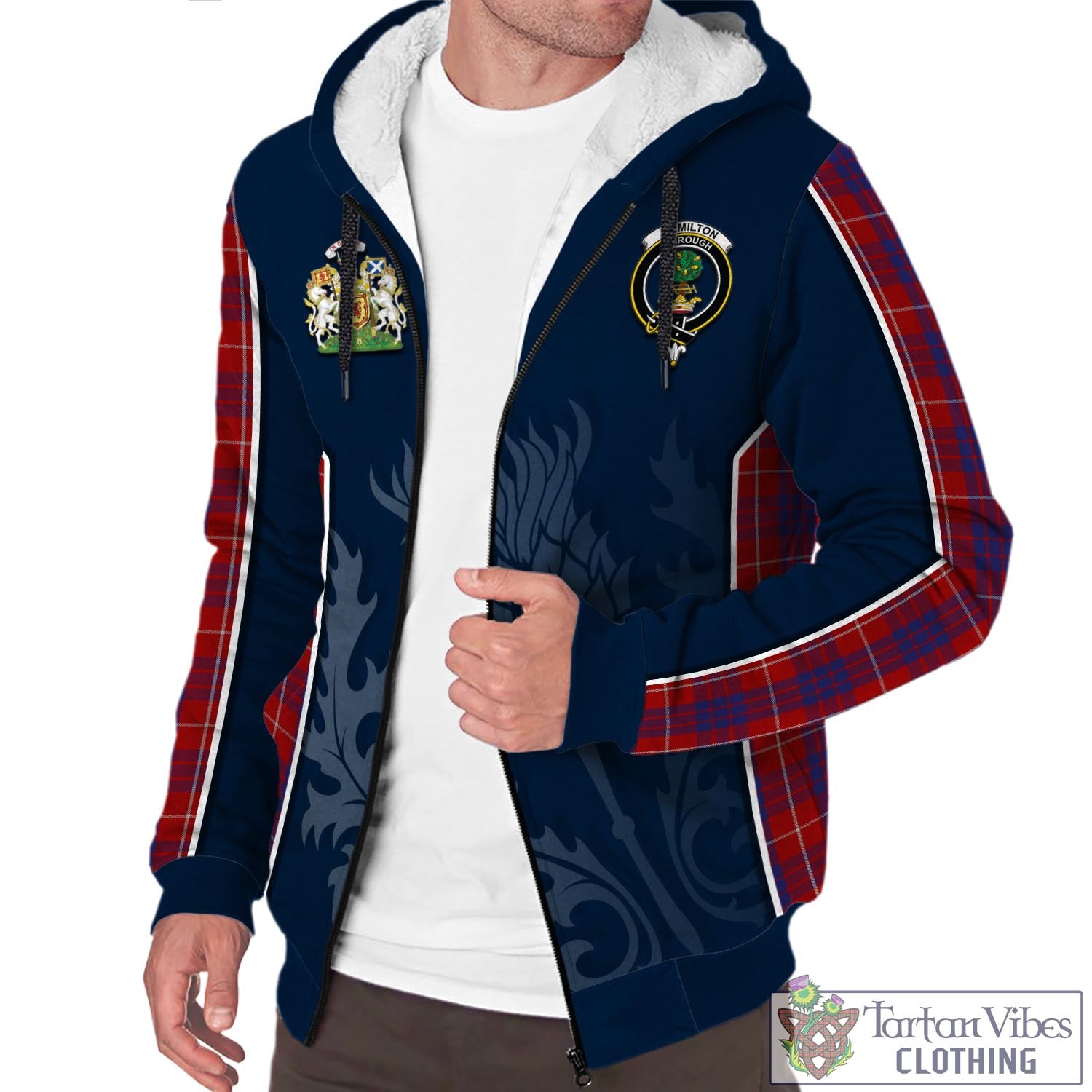 Tartan Vibes Clothing Hamilton Tartan Sherpa Hoodie with Family Crest and Scottish Thistle Vibes Sport Style