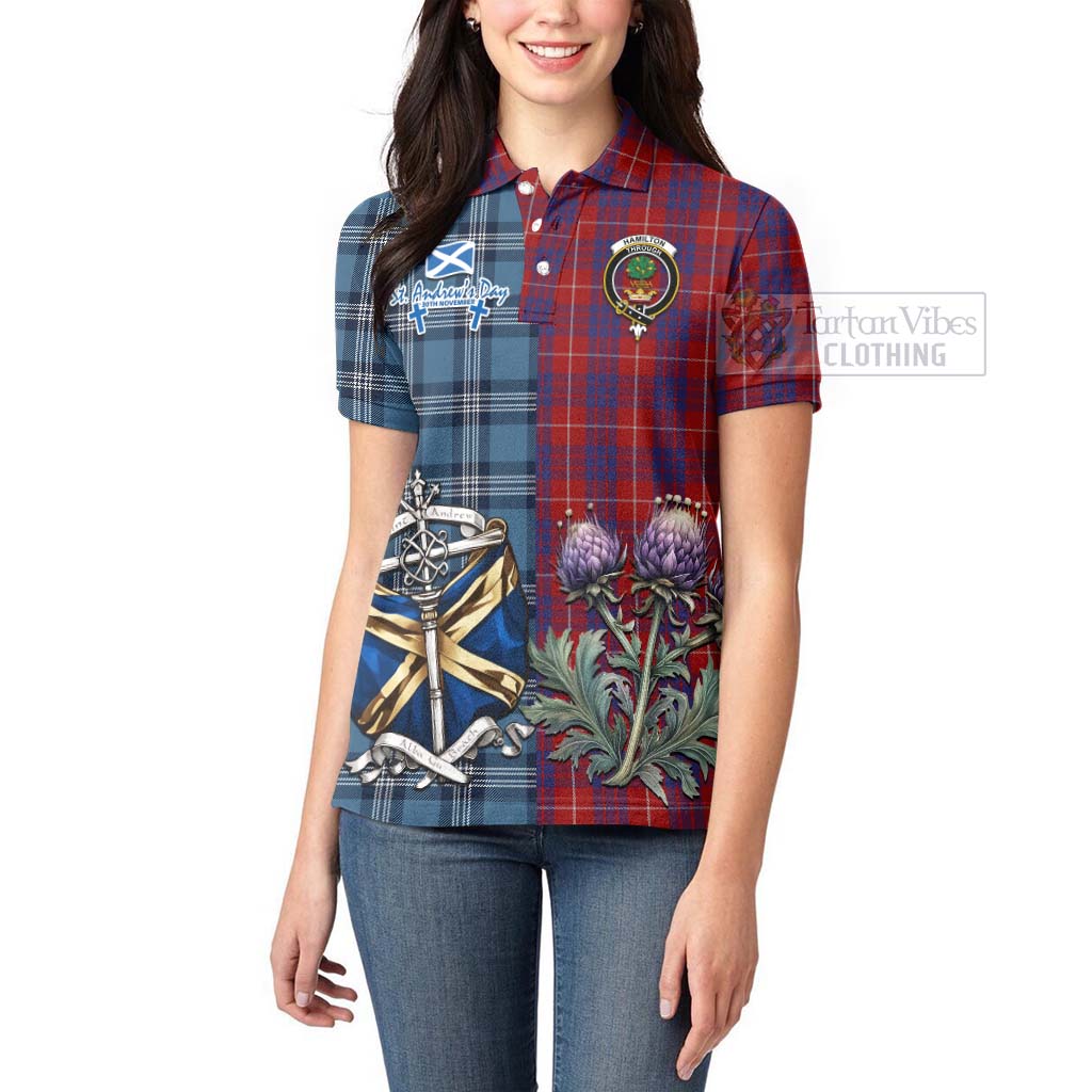 Tartan Vibes Clothing Hamilton Tartan Women's Polo Shirt Happy St. Andrew's Day Half Tartan Style