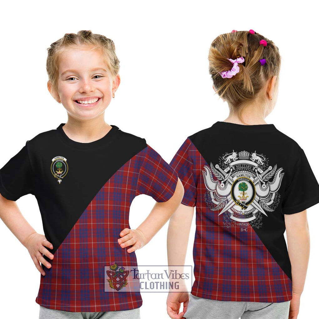 Hamilton Tartan Kid T-Shirt with Family Crest and Military Logo Style - Tartanvibesclothing Shop