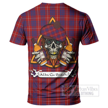 Hamilton Tartan T-Shirt with Family Crest and Bearded Skull Holding Bottles of Whiskey