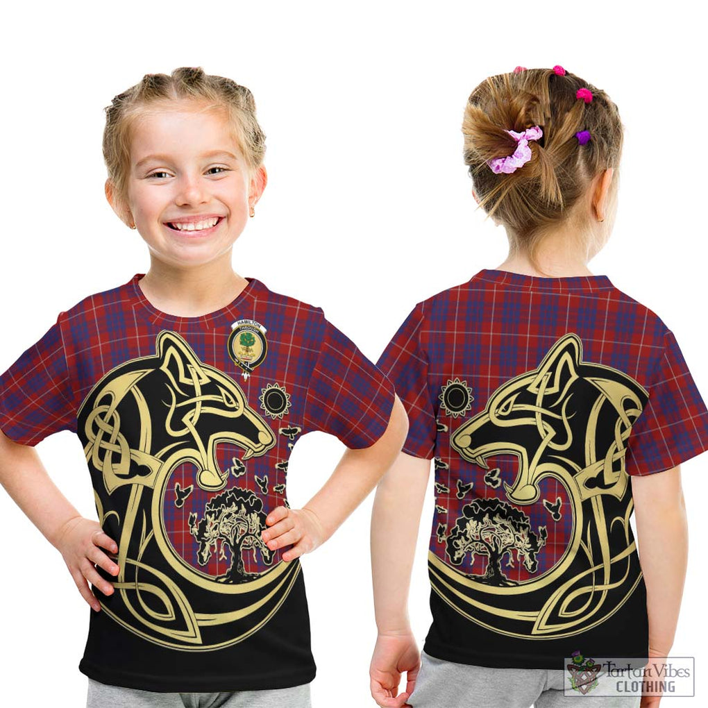 Hamilton Tartan Kid T-Shirt with Family Crest Celtic Wolf Style - Tartan Vibes Clothing