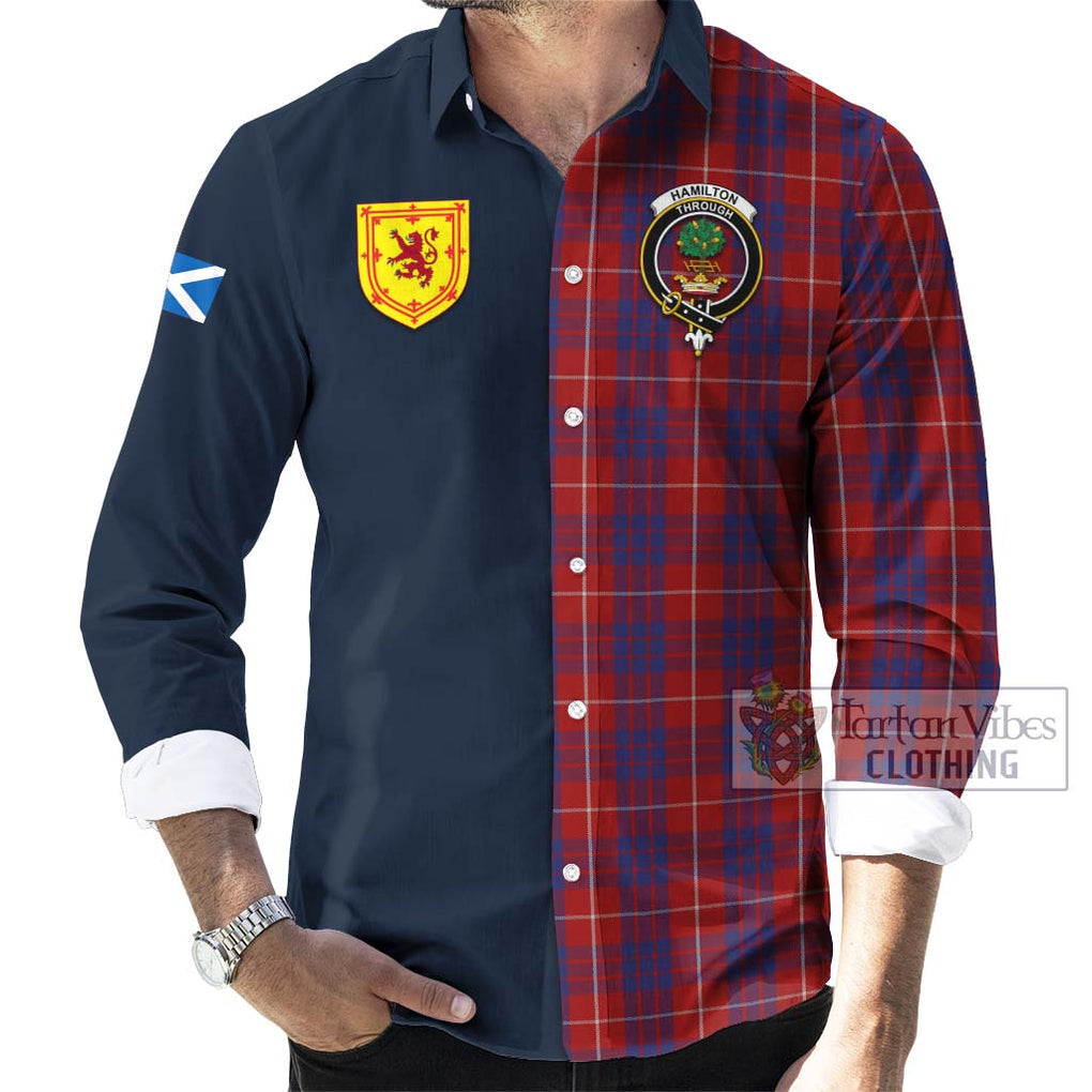 Tartan Vibes Clothing Hamilton Tartan Long Sleeve Button Shirt with Scottish Lion Royal Arm Half Style