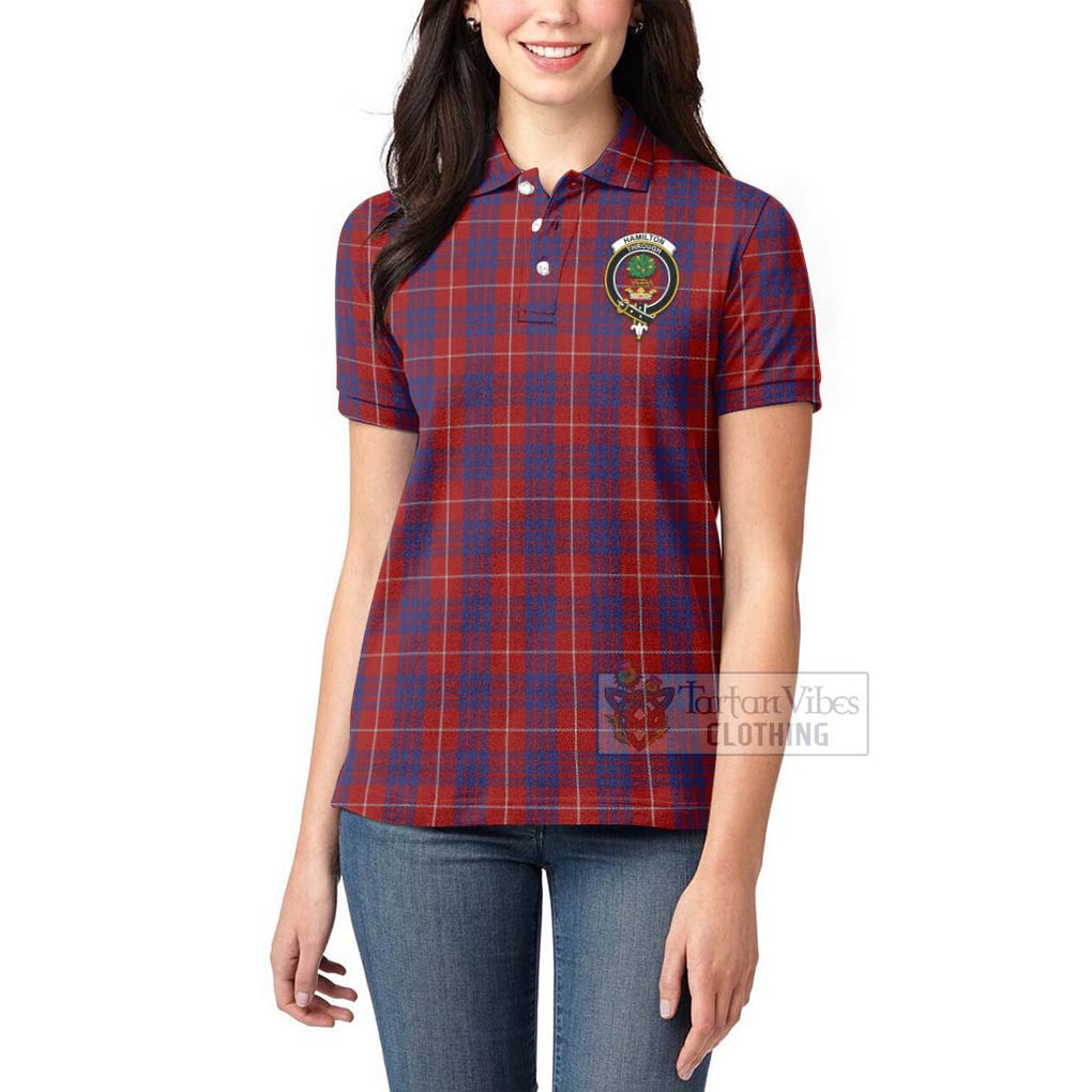 Tartan Vibes Clothing Hamilton Tartan Women's Polo Shirt with Family Crest and Bearded Skull Holding Bottles of Whiskey