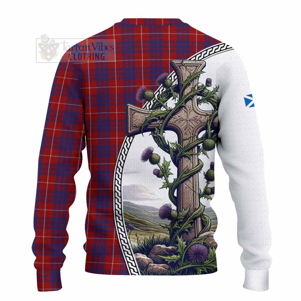 Tartan Vibes Clothing Hamilton Tartan Knitted Sweater with Family Crest and St. Andrew's Cross Accented by Thistle Vines